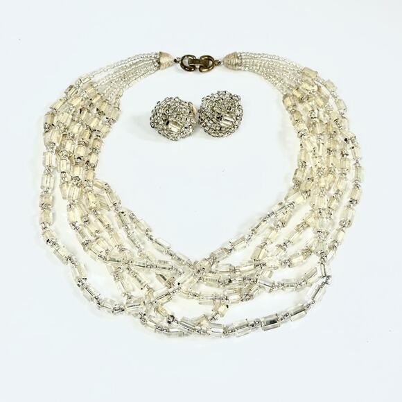 Vintage Art Deco Style Glass Bead Multi Strand Bib Necklace And Earrings Set - Picture 1 of 4